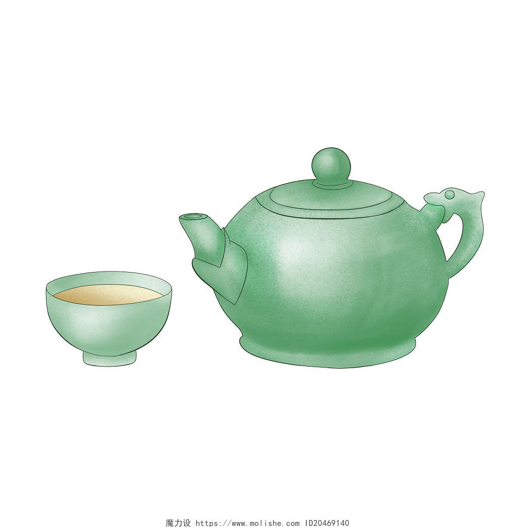 手绘国潮风茶壶茶杯茶文化绿色茶壶工笔国潮茶壶元素茶叶茶壶